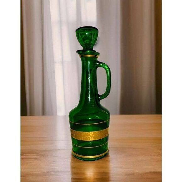Vintage Green And Gold Italian Decanter And 5 Glasses Stunning! - Picture 1 of 6